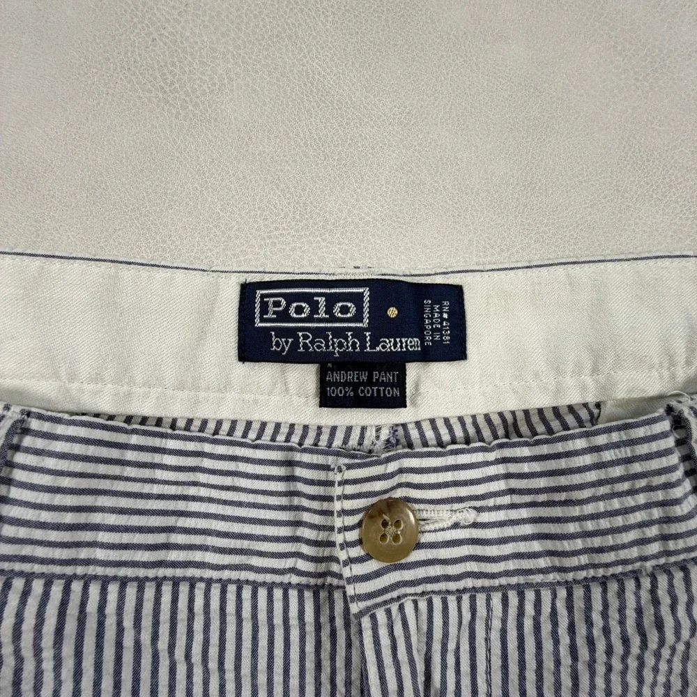 Polo Ralph Lauren Andrew Pant Mens 35x32 Blue White Seersucker Pleated Trousers